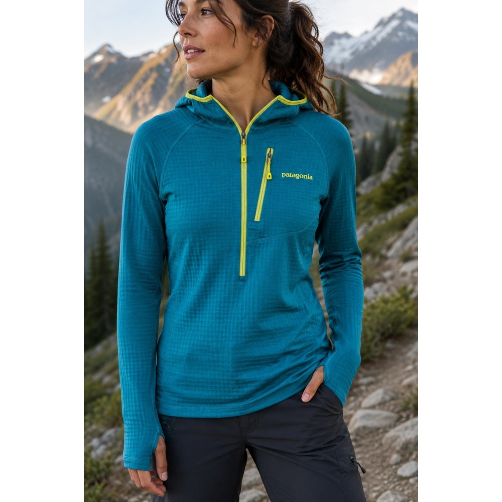 Patagonia R1 Polartec Power Grid Fleece Pullover Hoody Thumbhole Teal Blue Small